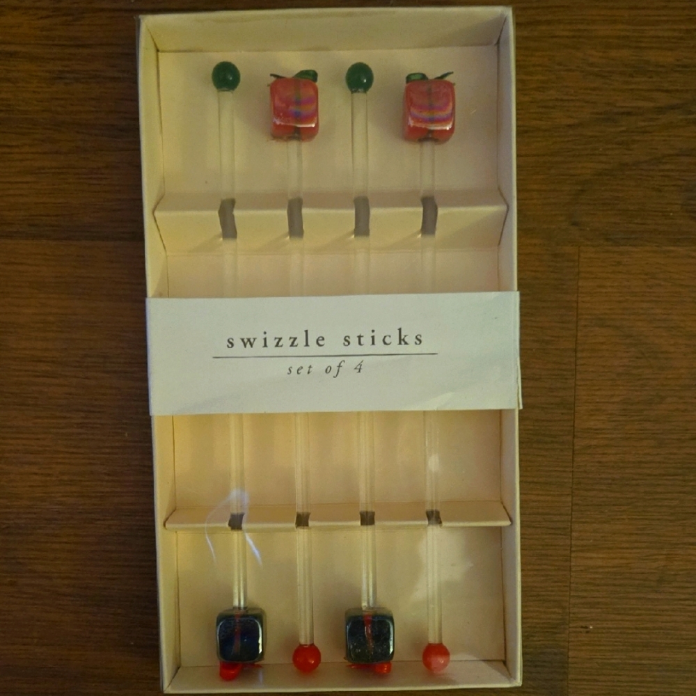 Pier 1 Imports Colorful Swizzle Sticks Gift Boxes Set of 4 Glass Red Green NEW